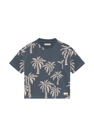 Geschnittenes Navy-T-Shirt aus weicher Baumwolle mit cremefarbenem Palmenmuster. Mit rundem Halsausschnitt und kleinem Etikett unten links.