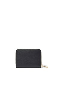 Portafoglio in pelle nera con una superficie liscia, chiusura a zip tutto intorno e dettagli in metallo dorato. Forma rettangolare compatta, design minimal.