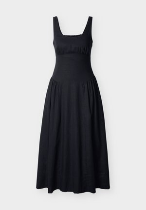 Robe maxi noire sans manches avec encolure carrée, corsage ajusté et détail de jupe froncée à la taille.