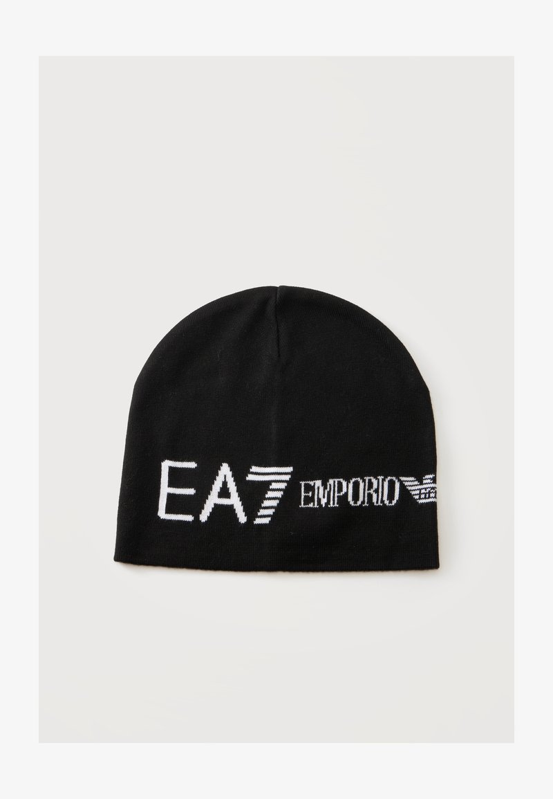 Bonnet en maille noir avec logo blanc "EA7 Emporio" et symbole d'aigle brodé à l'avant.