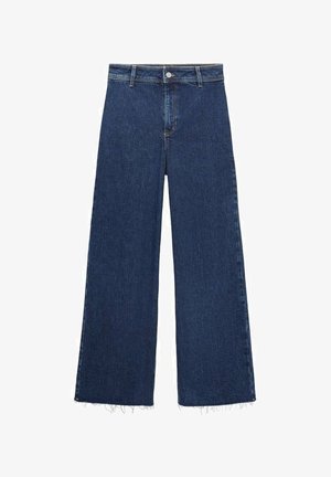 Dark blue wide-leg jeans made from denim, featuring a high waist, button closure, and frayed hem at the bottom. Smooth texture.