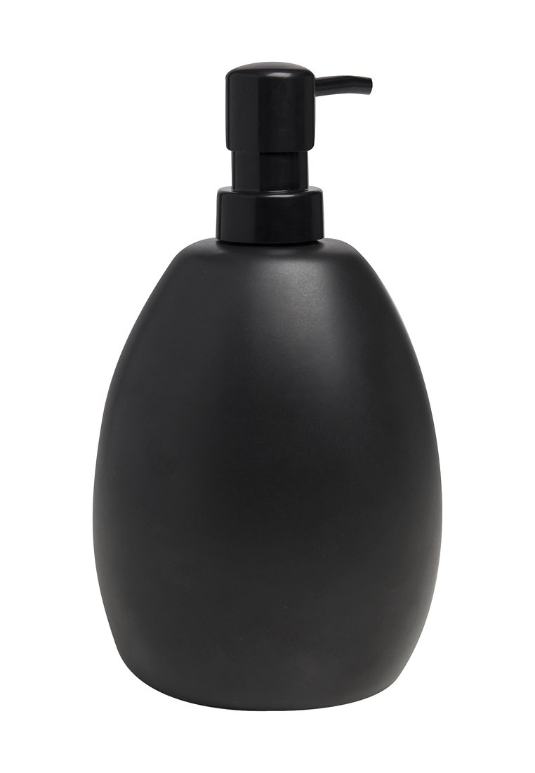 Distributeur de pompe noir mat avec une forme arrondie et bulbeuse. Texture lisse, base robuste et un nozzle de distribution standard en haut.