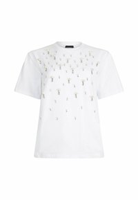 T-shirt bianco a maniche corte con decorazioni sparse di perle e strass sulla parte anteriore, dotato di scollatura rotonda e vestibilità comoda.
