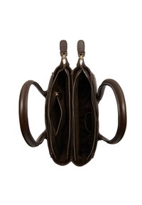 Brown leather handbag with two zippered compartments, smooth texture, and rounded straps. Interior features multiple pockets and a soft lining.