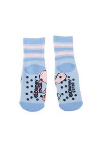 Calzini di cotone blu con strisce rosa e bianche, caratterizzati da un design di cartoni animati sui lati e punti antiscivolo sulle suole per una migliore aderenza.