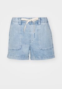 Ljusblå denimshorts med resårmidja och vit dragsko. Har två framfickor och en uppvikt kantdetalj.