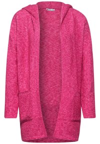 Langer rosa Strickcardigan mit Kapuze, aus strukturiertem Stoff und mit zwei Vordertaschen. Offenes Vorderteil, gerade geschnittene Ärmel.