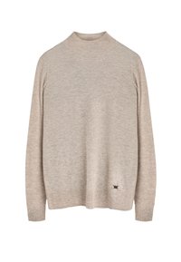 Suéter de punto beige claro con un cuello alto, mangas largas, puños acanalados y un pequeño detalle decorativo en el dobladillo. Textura suave.