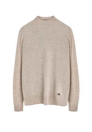 Maglione a maglia beige chiaro con collo alto, maniche lunghe, polsini a costine e un piccolo dettaglio decorativo all'orlo. Tessuto morbido.