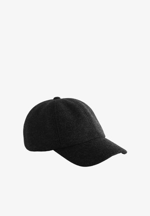 Casquette de baseball en laine noire avec une visière incurvée, un design à six panneaux et un tissu texturé. Présente un bouton supérieur cousu et aucun logo visible.