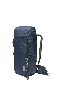Sac à dos de randonnée bleu marine avec plusieurs sangles, compartiments zippés, bretelles rembourrées aux épaules et à la taille, et logo Jack Wolfskin à l'avant.