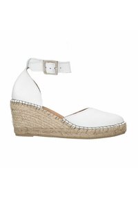 Witte leren wedge sandaal met open teen, enkelbandje, geweven jute hak en gestikte details rond de zool.