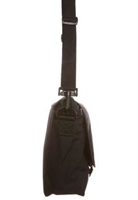 Borsa a tracolla nera in tessuto con spallaccio regolabile, hardware con clip e superficie testurizzata. Forma rettangolare compatta con design ripiegato.