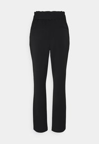 Pantalon noir taille haute, ajusté, avec poches passepoilées à l'arrière et ceinture avec passants, présenté de dos sur un fond uni.