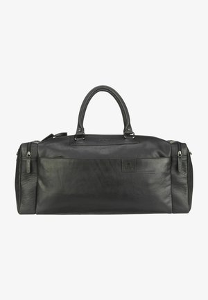 Schwarze Leder-Duffle-Tasche in rechteckiger Form, ausgestattet mit zwei Griffen und einer Reißverschlusstasche. Strukturiertes Oberflächenmaterial mit dezentem Logo-Detail.