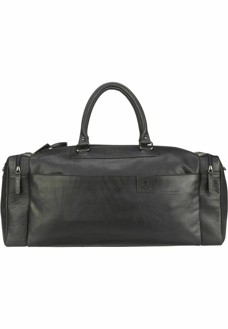 Leather duffel bag in black, rectangular shape, features dual handles and a zippered pocket. Textured surface with subtle logo detail.