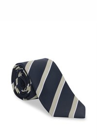 Corbata azul marino con franjas diagonales en crema y blanco, hecha de un tejido texturizado, enrollada para almacenamiento o exhibición, con un diseño de extremo puntiagudo.
