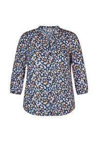 Shirt in navy with a colorful abstract pattern featuring orange and light blue shapes. It has a button front and three-quarter sleeves.