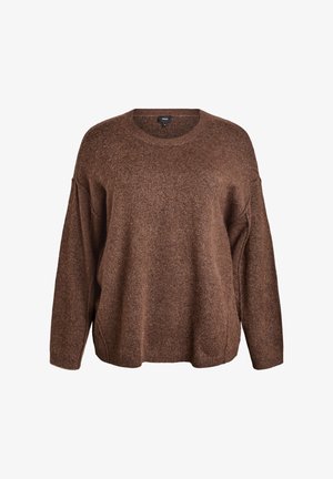 Pullover marrone lavorato a maglia con scollo a girocollo, vestibilità rilassata, spalle ribassate e spacchi laterali. Texture morbida e forma leggermente ampia.
