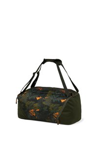 Borsa da viaggio con un motivo di foglie nere e verdi impreziosito da accenti arancioni. Realizzata in materiale resistente, dotata di doppi manici e chiusura con cerniera.