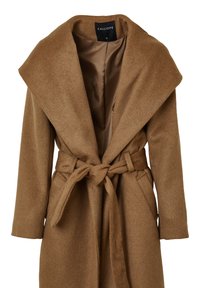 Cappotto di lana marrone con un ampio colletto, vita con cravatta e tasche laterali. Fodera interna liscia, design classico, adatto per essere sovrapposto.