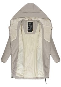 Light grey padded jacket with a hood. Inner lining is cream-colored with a soft texture. Features snap closures and a label near the neck.