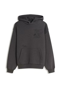 Sivá mikina vyrobená z bavlnenej zmesi. Obsahuje predné vrecko, rebrované manžety a kapucňu. Čierny text a akcenty na prednej strane.