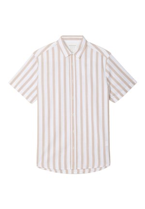 Chemise à manches courtes, col, avec des rayures verticales beige clair et blanches, dotée d'un devant boutonné et d'une poche sur la poitrine gauche.