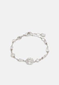Silbernes Armband mit einer Anordnung von klaren Strasssteinen in verschiedenen Formen, darunter rund und oval, mit einem Karabinerverschluss und einer verstellbaren Kette.