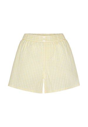 Lichtgele en witte geruite elastische taillebroekjes met twee witte knopen aan de voorkant.