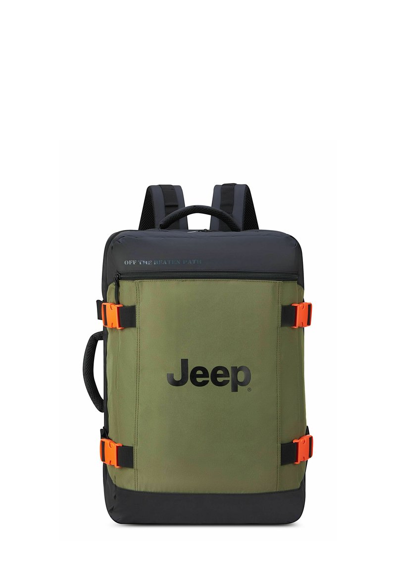Zaino verde e nero realizzato in materiale resistente con fibbie arancioni, dotato di una maniglia superiore, logo e spallacci imbottiti.