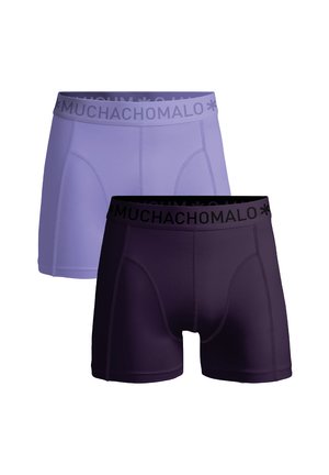 Men's boxer briefs in light purple and dark purple, made from smooth fabric. Each features a black branded waistband.