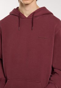 Osoba v bordovém mikině s kapucí a přední kapsou, na hrudi s vyšitým nápisem "Dickies".