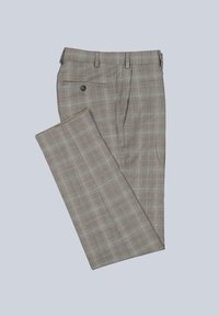 Hellbraune kariert Hose aus gewebtem Stoff, mit Reißverschluss, Seitentaschen und einer Gesäßtasche mit Knopfverschluss.