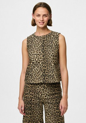 Leopardprint mouwloze top in beige en zwart, met een ronde halslijn en een losse silhouet, gemaakt van een gestructureerde, lichte stof.