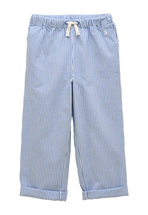 Svetlomodré a biele vertikálne pruhované nohavice s elastickým pásom, bielym sťahovacím šnúrkou a zrolovanými manžetami.