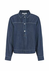 Camicia in denim di colore blu scuro con colletto, chiusura a bottoni e maniche lunghe. Presenta cuciture a contrasto e un design accorciato.