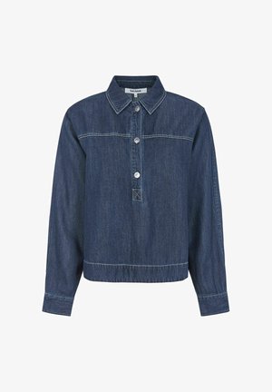 Tumesinine denimpait, millel on krae, nööpidega kinnitamine ja pikad varrukad. Omab kontrastset õmblust ja lühendatud disaini.