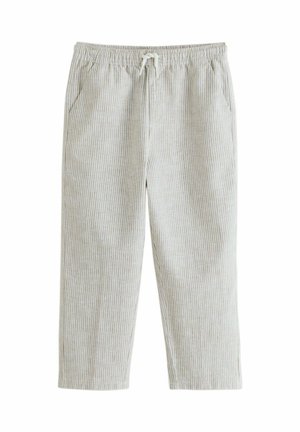 Light gray and white vertical striped pants with elastic waistband and drawstring, straight cut, front pockets.