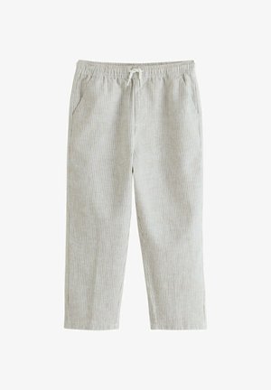 Helehallid ja valged vertikaalsed triibulised püksid elastse vöökohaga ja nööriga, sirge lõikega, esitaskutega.