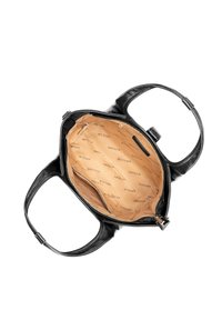 Sac à main en cuir noir avec un intérieur beige. Comprend deux poignées, un compartiment zippé et des poches d'organisation. L'intérieur présente un motif de logo.