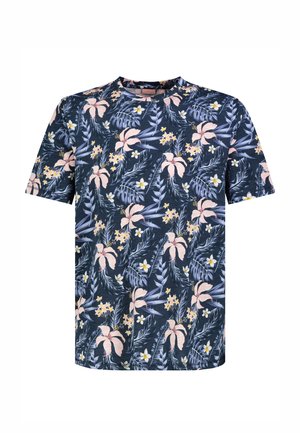 Marineblaues Kurzarmhemd mit durchgehendem tropischem Blumen- und Blattmuster in Pink, Gelb und Weiß.