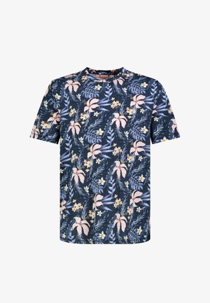 Marineblaues Kurzarmhemd mit durchgehendem tropischem Blumen- und Blattmuster in Pink, Gelb und Weiß.