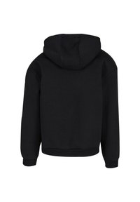 Zwarte hoodie met lange mouwen, ribgebreide boorden en zoom. Heeft een zachte, gladde textuur en een relaxed, cropped model.