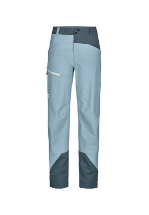 Hellblaue Outdoor-Hosen mit einem dunkelblauen Bund, ausgestattet mit einer seitlichen Reißverschlusstasche und kontrastierenden Kniefarben. Hergestellt aus strapazierfähigem Material.