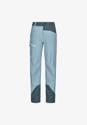 Light blue outdoor pants with a dark blue waistband, featuring a zippered side pocket and contrasting knee accents. Made from durable fabric.