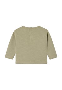 Hellgrünes Longsleeve für Kinder aus geripptem Stoff mit Rundhalsausschnitt und drei Knöpfen am Rücken. Weicher Struktur, lässige Passform.