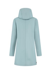 Waterdichte lichtblauwe jas met capuchon, lange mouwen en een rechte snit. Voorzien van zichtbare stiksels en een logo-accent aan de onderkant.
