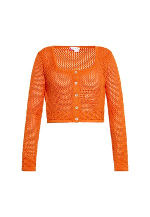 Oranger Strickcardigan mit verkürztem Design, langen Ärmeln, quadratischem Ausschnitt und fünf Knopfverschlüssen; verfügt über ein Mesh-Muster und geflochtene Akzente.
