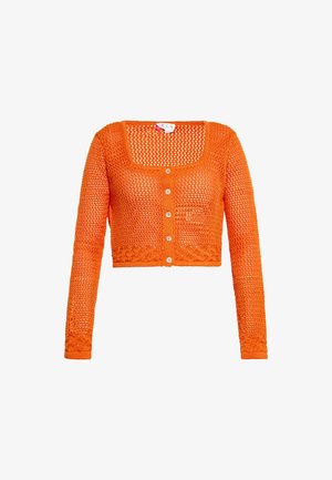 Oranžinė megzta kardiganė su trumpu dizainu, ilgomis rankovėmis, kvadrato formos iškirpte ir penkiais mygtukais; turi tinklo raštą ir susukimo akcentus.